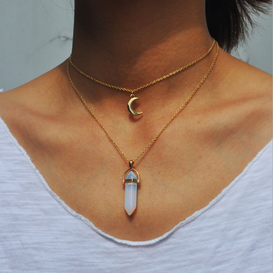 Artilady natural opal stone moon choker necklace stone crystal pendant - Pedlar's Attic