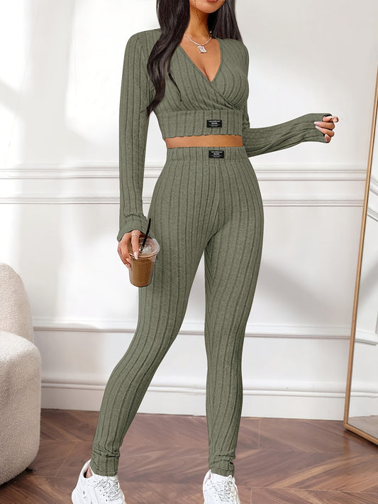 Flattering Ribbed Two-piece Outfit Set - V-Neck Long Sleeve Crop Top & Pants - Casual Chic Style for Women