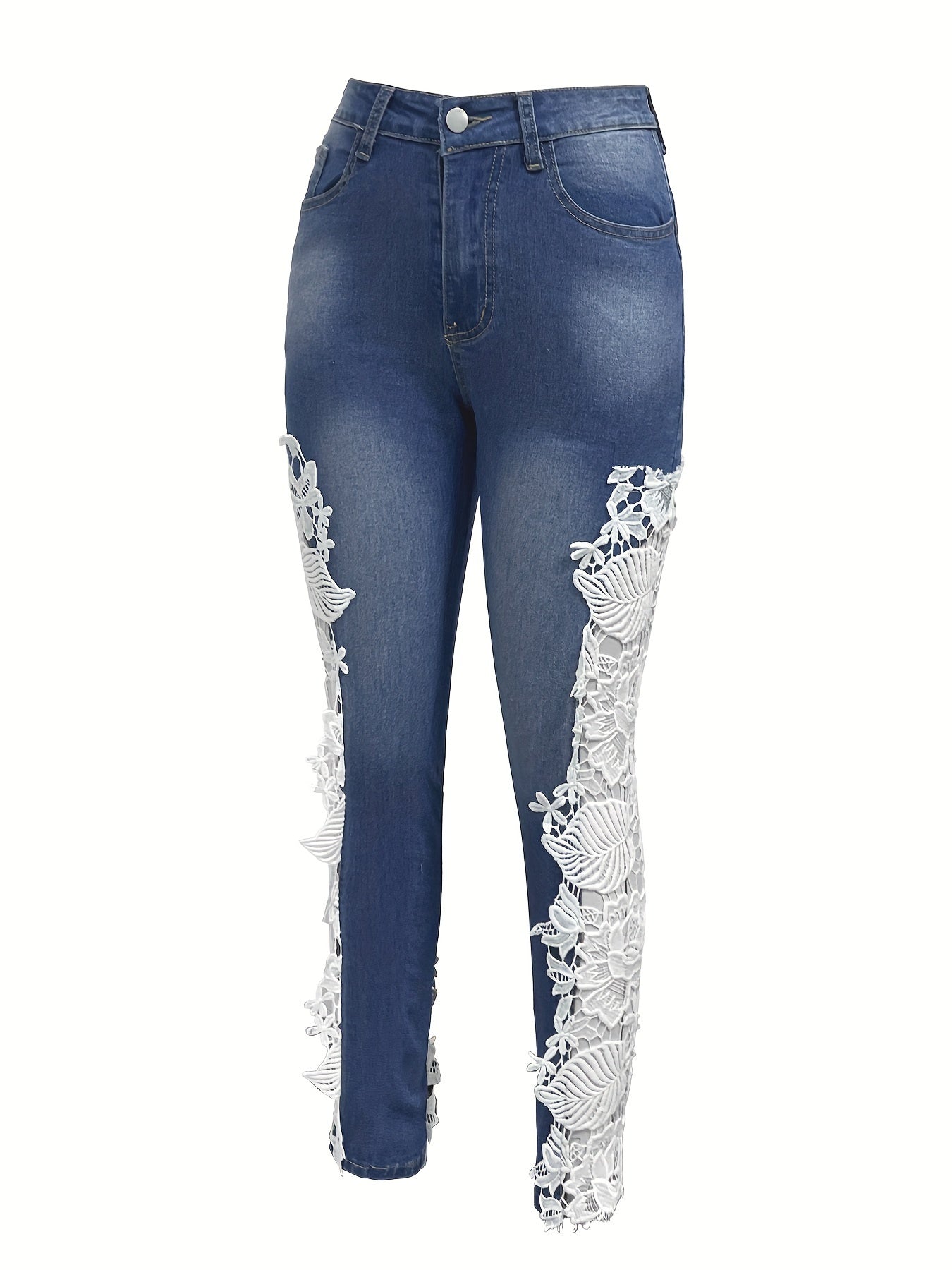 Vibrant Hollow Out Lace Contrast Jeans - Elegant, Skinny Fit, Stretchy Denim Pants with Fairy Core Design - Women's Fashionable Denim Clothing for Chic Style