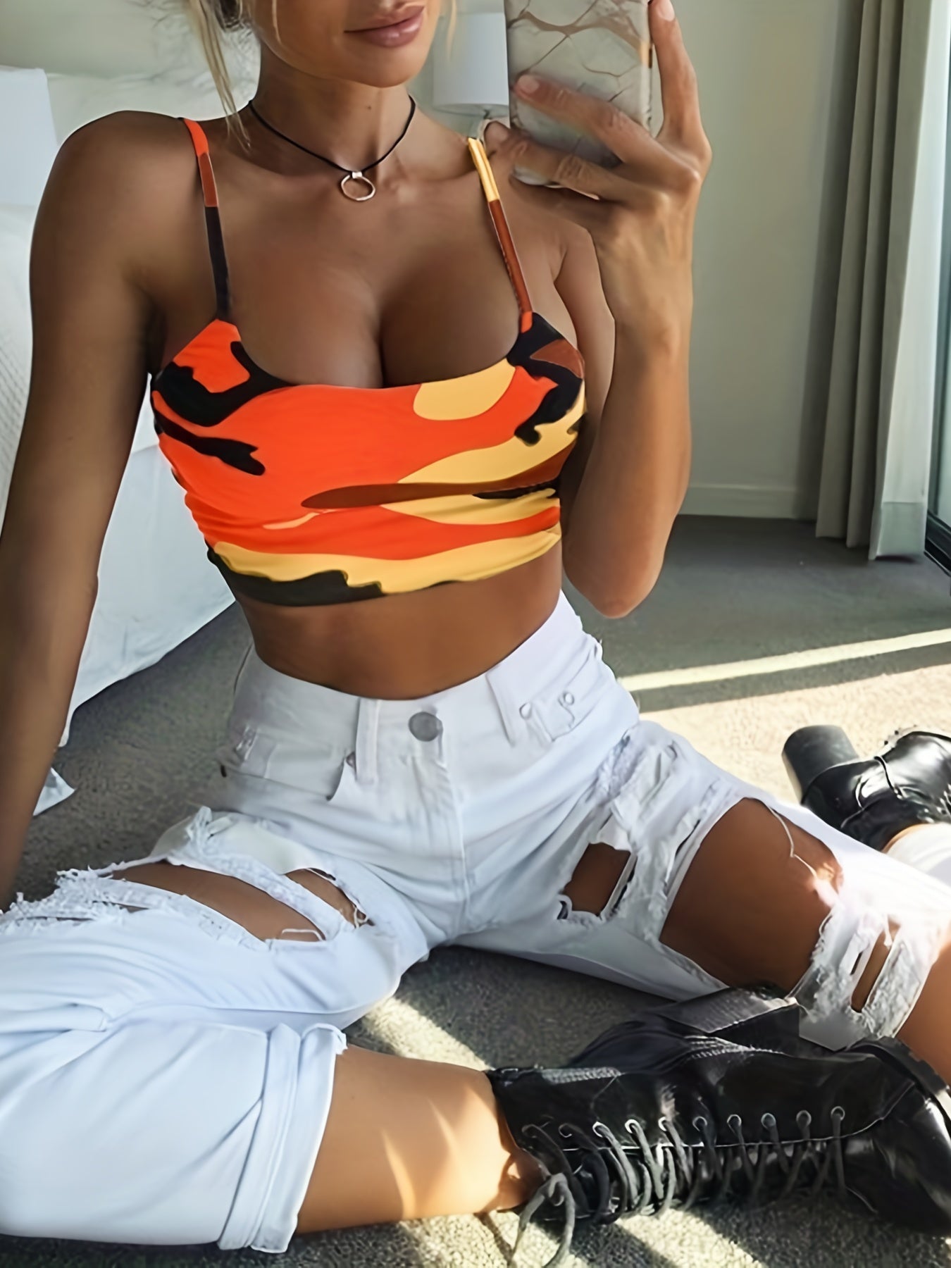 Camouflage Print Crop Cami Top, Sexy Spaghetti Strap Top For Summer, Women's Clothing