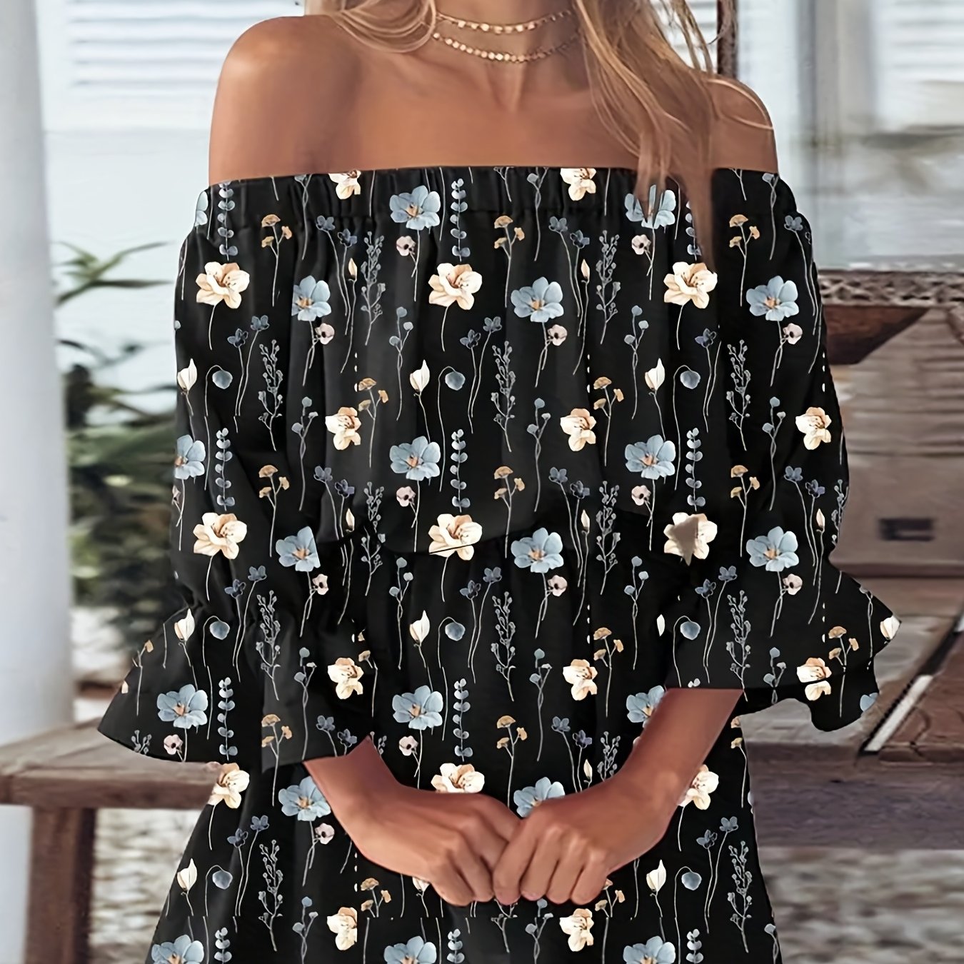 Elegant Summer Boho Dress - Off-Shoulder Leaf Print with Sexy Backless Cut & Playful Ruffles, Durable & Comfort Fit
