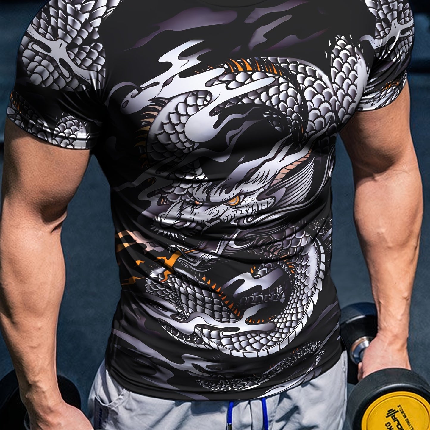 Men's Dragon Fit T-Shirt - Breathable Compression Shirt for Running, Shaping, Cycling - Comfy Muscle Tee with Athletic Print for Active Men