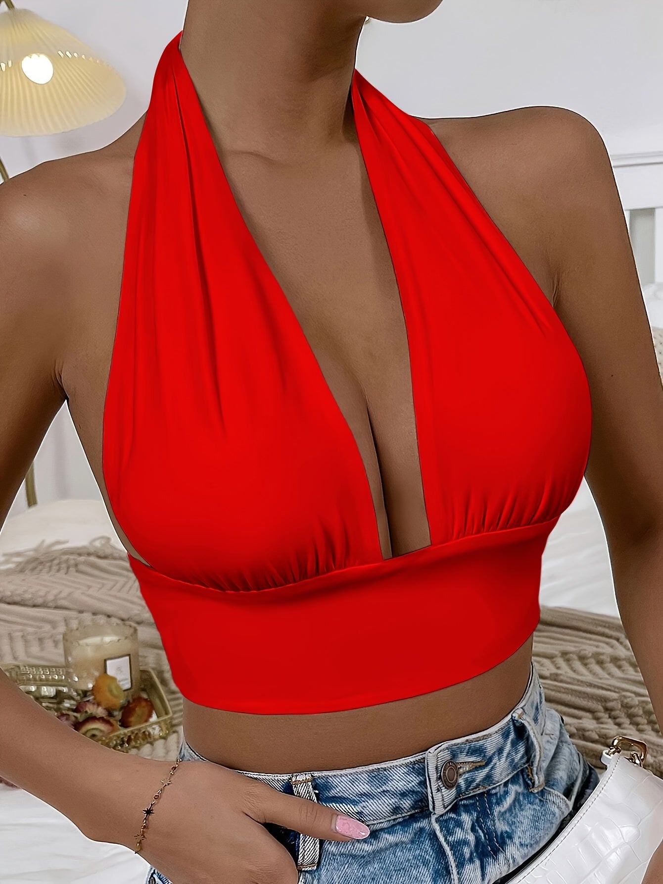 1pc Elegant Orange Halter Neck Backless Crop Top - High Stretch, Deep V-Neckline, Sleeveless Tank for Women, Perfect for Casual or Stylish Outfits, Casual Chic Top | Backless Dress | Stretchy Fabric