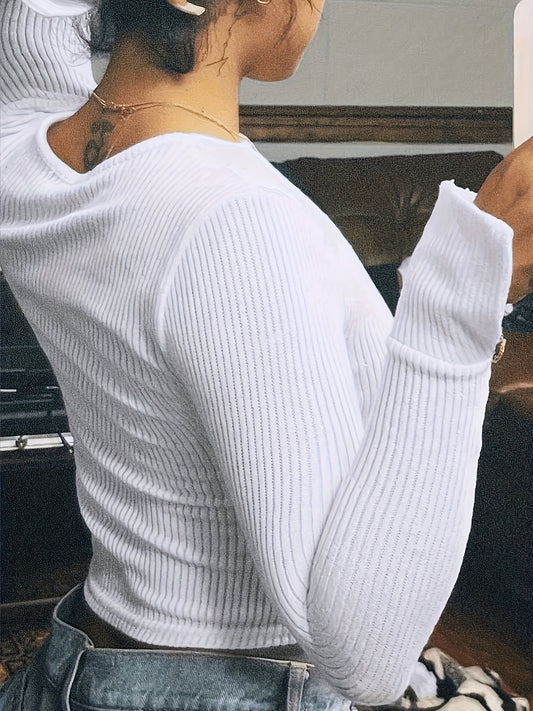 Chic Long Sleeve Crop Top - Solid Color, Comfortable Ribbed Crew Neck Design, Perfect for Spring & Fall - Stylish Women's Essential.