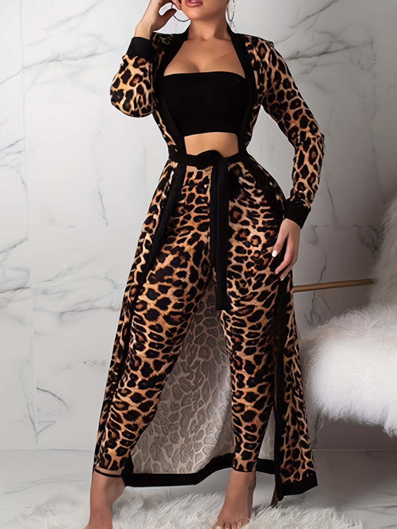 Leopard Print Lounge Set, Long Sleeve Robe With Belt & Strapless Crop Top & Pants, Women's Loungewear & Sleepwear