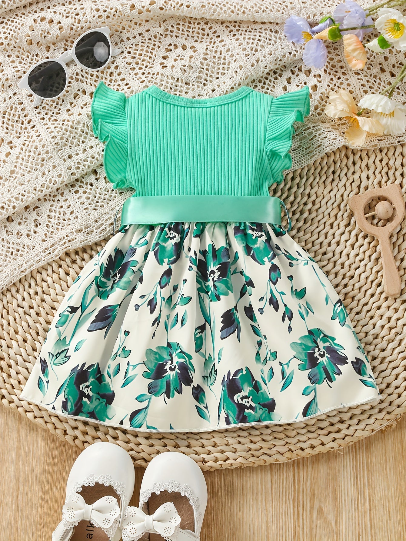 Baby Girls Cute Butterfly Graphic Print Ruffled Sleeve Belted Dress, Kids Summer Comfortable Clothes
