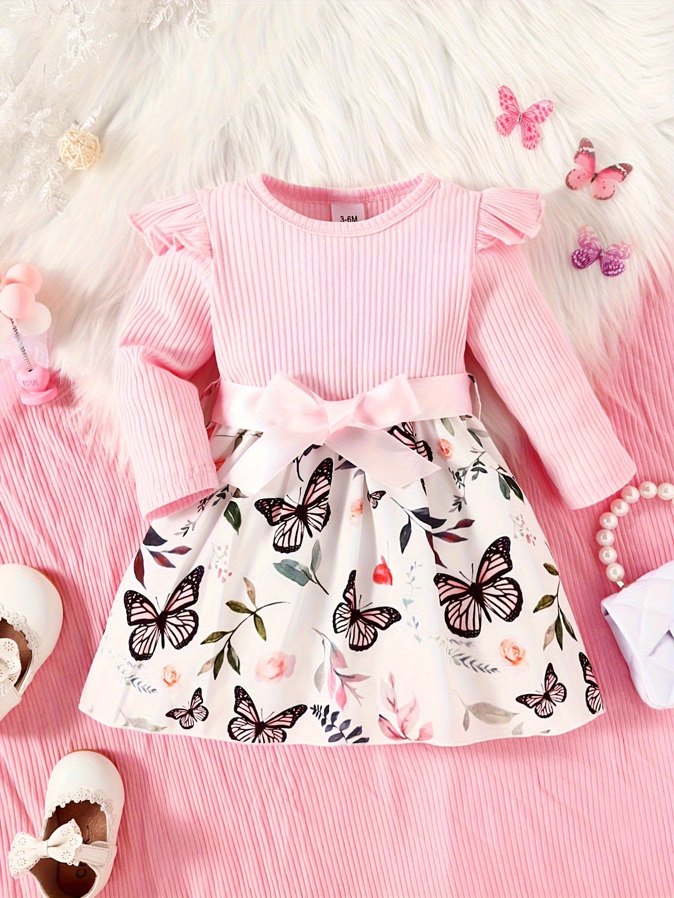 Baby Girls Cute Butterfly Graphic Print Ruffled Sleeve Belted Dress, Kids Summer Comfortable Clothes