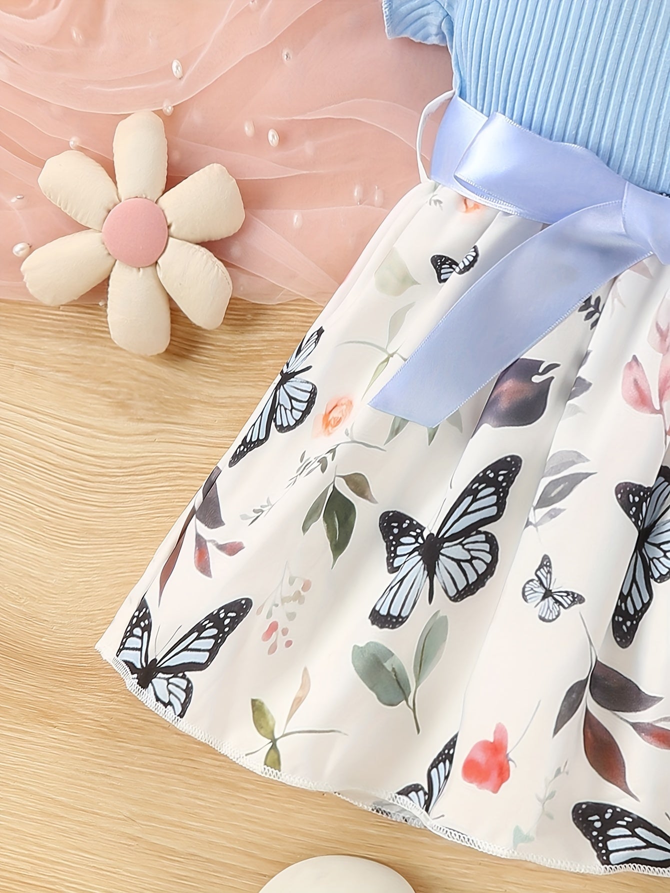 Baby Girls Cute Butterfly Graphic Print Ruffled Sleeve Belted Dress, Kids Summer Comfortable Clothes