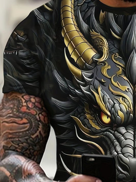 Men's Dragon Graphic Tee - Stretchy Polyester & Spandex Blend, Crew Neck, Short Sleeve, Sportswear - Machine Washable