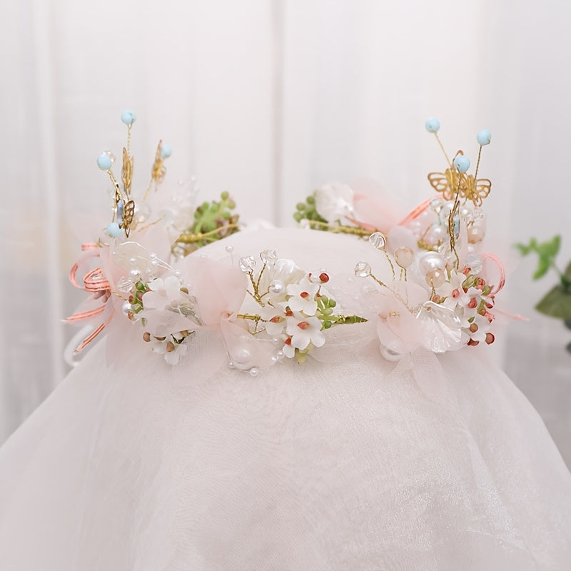 Delicate Butterfly Flower Headband - Handmade Floral Wreath Crown for Flower Girl, Bridal Hair Accessories, Wedding Party Supplies, Soft Fabric, Adjustable One-Size-Fits-All Design