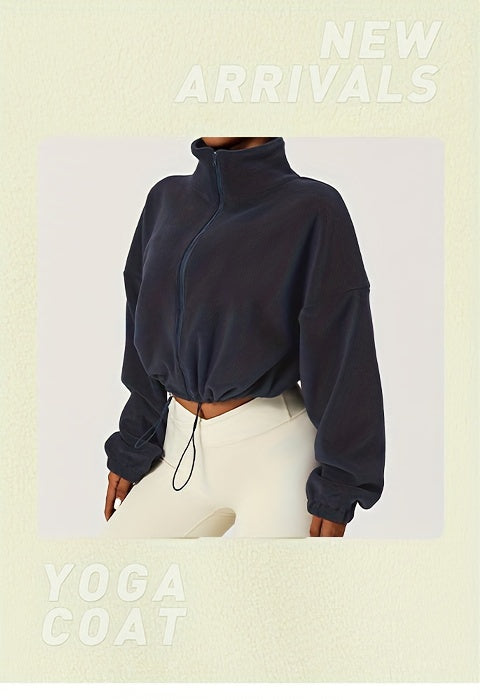 Chic Zip-Up Fleece Crop Jacket for Women - Stretch Comfort, Warm High Neck, Long Sleeve, Perfect for Sporty Outdoor Fall/Winter Activities