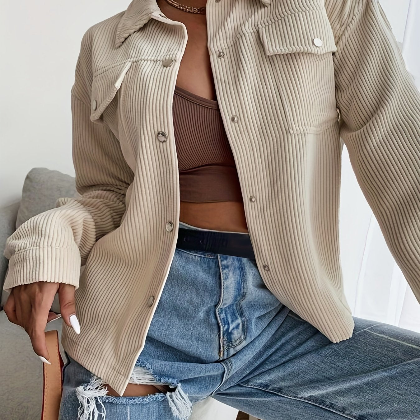 Long Sleeve Corduroy Bomber Jacket - Classic Lapel Collar, Button Front, Single Breasted, Split Sleeve, Regular Fit - Perfect for Weekend Casual, Spring/Fall Season