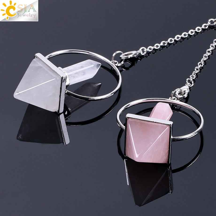 CSJA Reiki Healing 7 Chakra Natural Stone Pendulum for Dowsing Hexagonal Prism Pyramid White Pink Crystal Obsidian Pendants - Pedlar's Attic