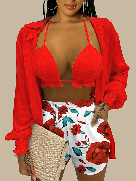 3pcs Vibrant Summer Women's Outfit: Sexy Red Halter Top & Floral Print Shorts Set with Sheer Long Sleeve Shirt - Polyester Blend, Machine Washable, Perfect for Vacation, Sexy, New Style, Print, 3pcs Set, Women's Clothing