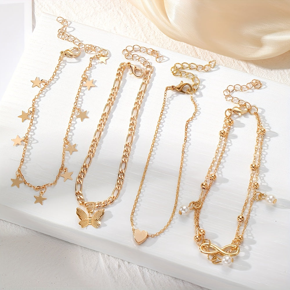 Butterfly Pearl Five-pointed Star Infinity Symbol Love Foot Chain 4pcs Set