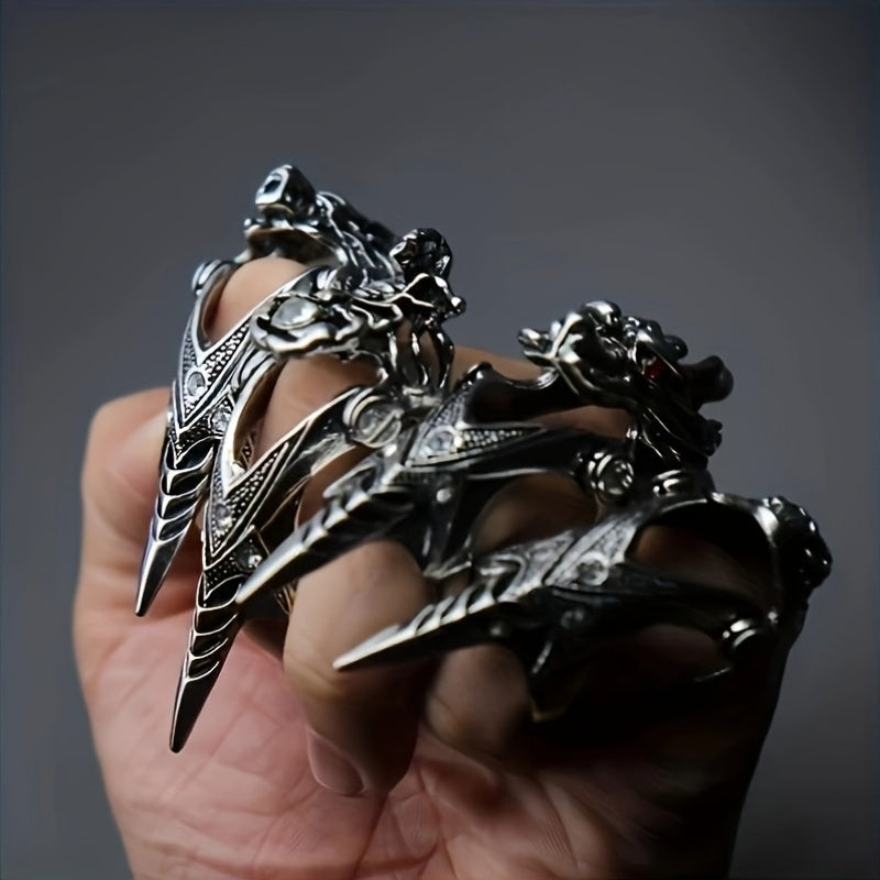 4PCS Vintage Gothic Dragon Claw Rings Set, Unisex Punk Joint Knuckle Full Finger Rings, No Plating Copper Alloy, Fashion Street Nightclub Accessories for Adults