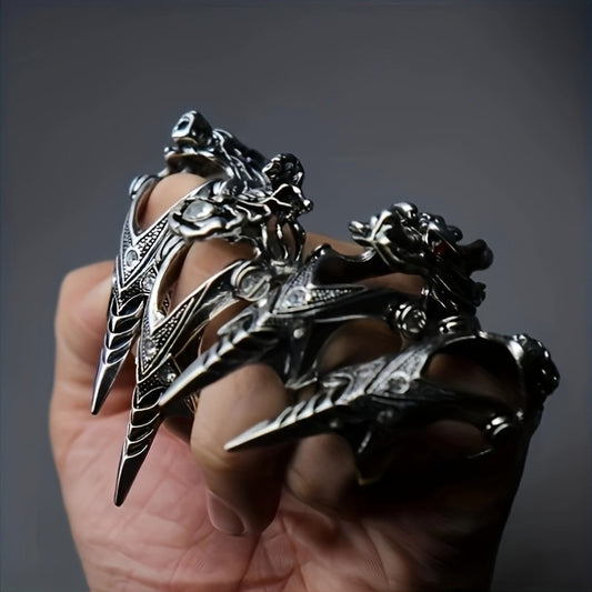 4PCS Vintage Gothic Dragon Claw Rings Set, Unisex Punk Joint Knuckle Full Finger Rings, No Plating Copper Alloy, Fashion Street Nightclub Accessories for Adults