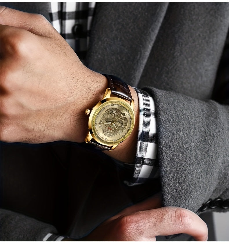 WOKAI Men's Luxury Dragon Quartz Watch - Golden-Tone Zinc Alloy Case, Brown Faux Leather Strap, Black Dial with Dragon Motif, Gemstone Accents, 1181.1inch Water Resistant, Battery Operated
