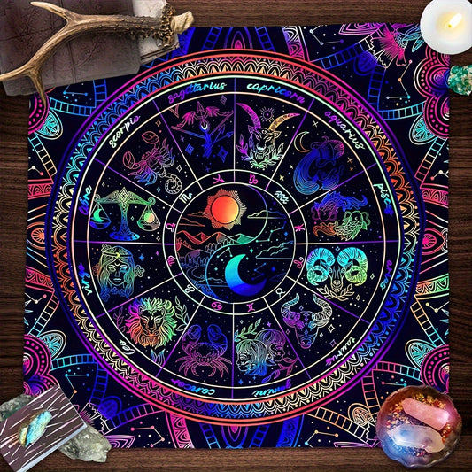 Mandala Card Reading Tablecloth With 12 Zodiac Signs - Colorful Altar Cloth For Card Reading Cards, Sun, Moon & Mountain Design - Perfect For Home Decor, Weddings, Birthdays & More - Durable Polyester