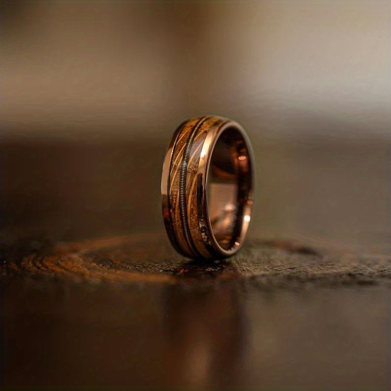 1pc Men's Fashion Guitar String & Whiskey Barrel Shaped Mens Wedding Rose Golden Band, Engagement Anniversary Gift, Titanium Steel Promise Ring For Husband Gift