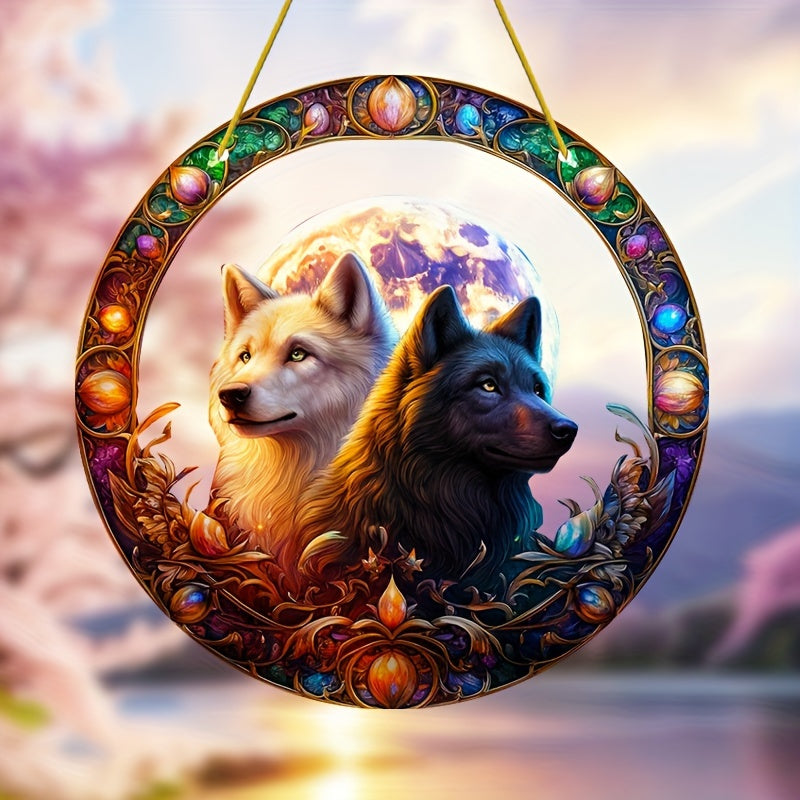 Mystic Wolf Suncatcher with Yin Yang Design, Acrylic Sun Catcher, Birthday Gift for Dad, Home, Lover & Friends, Wolf Themed Moon Decor, Perfect for Room, Bedroom, Living Room, Outdoor Garden - 8 Inches