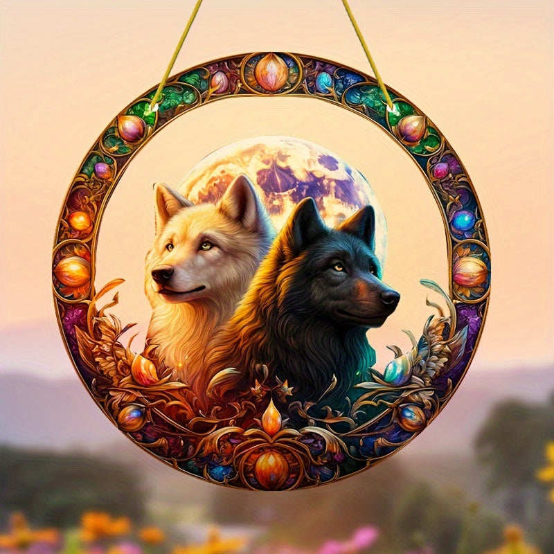 Mystic Wolf Suncatcher with Yin Yang Design, Acrylic Sun Catcher, Birthday Gift for Dad, Home, Lover & Friends, Wolf Themed Moon Decor, Perfect for Room, Bedroom, Living Room, Outdoor Garden - 8 Inches