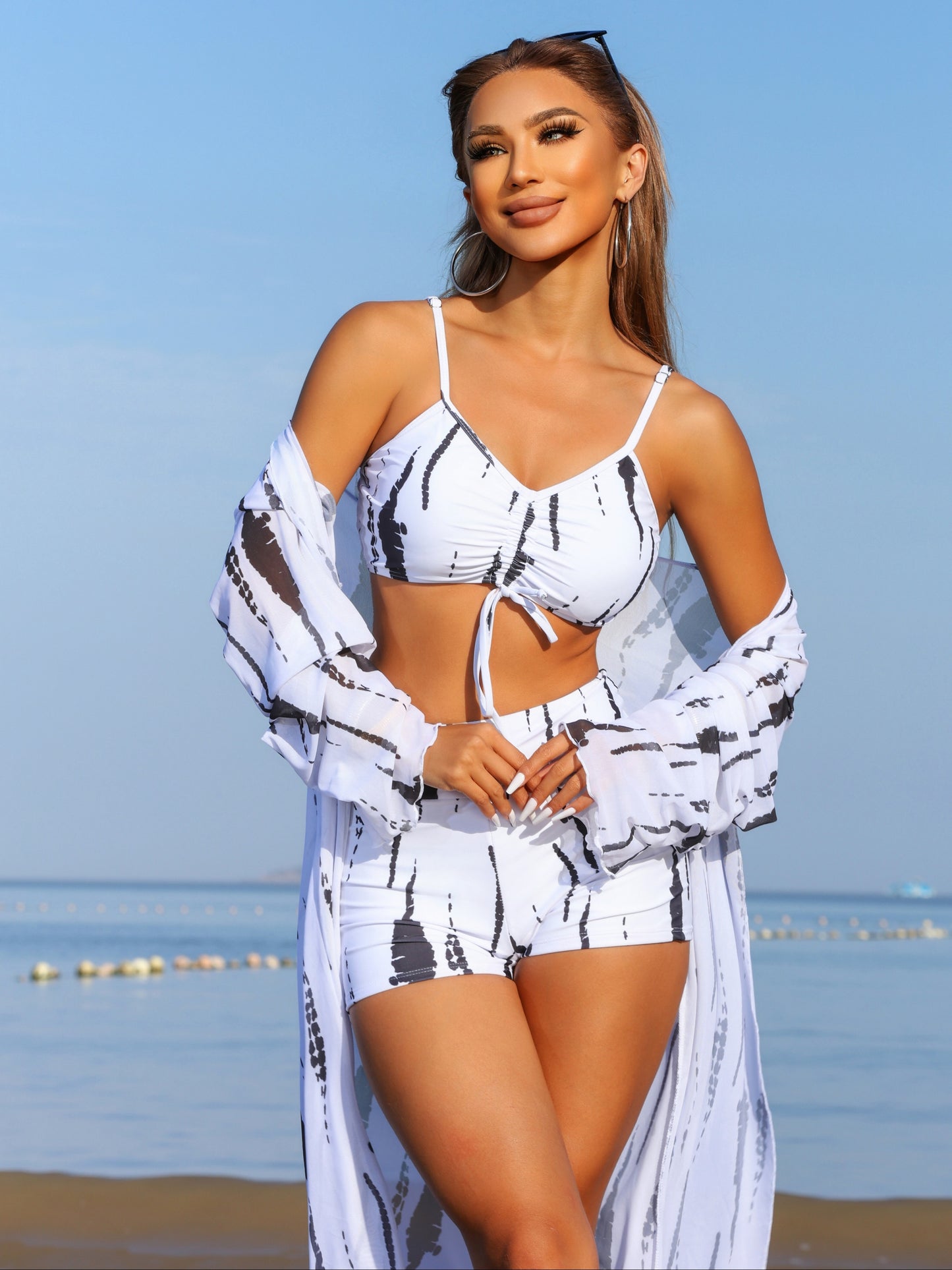 Women's 3 Piece Fashion Outfit Set, Tie Dye Print, Crop Top With Matching Shorts & Long Sleeves Cover Up, Summer Beachwear, Casual Chic Style