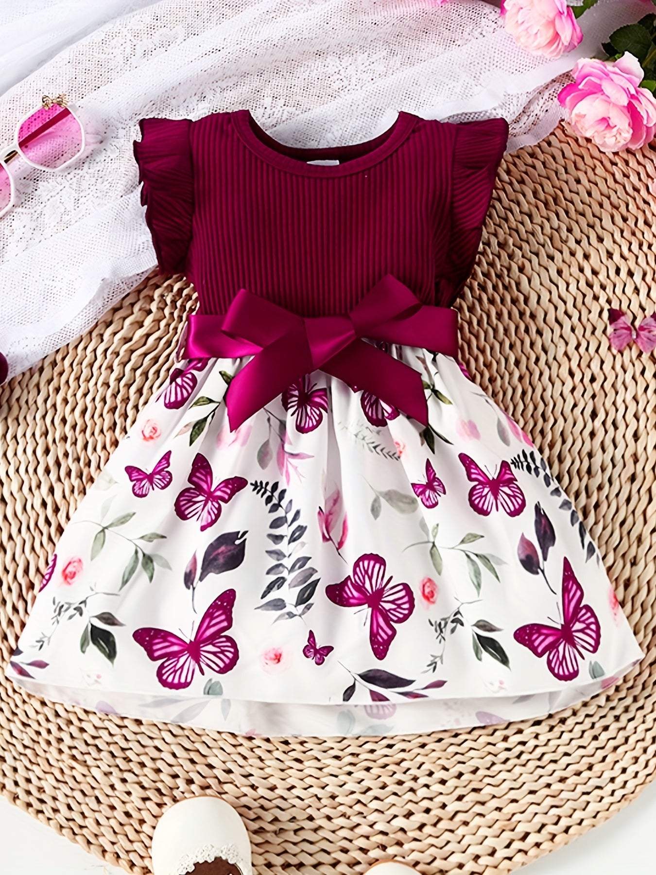 Baby Girls Cute Butterfly Graphic Print Ruffled Sleeve Belted Dress, Kids Summer Comfortable Clothes