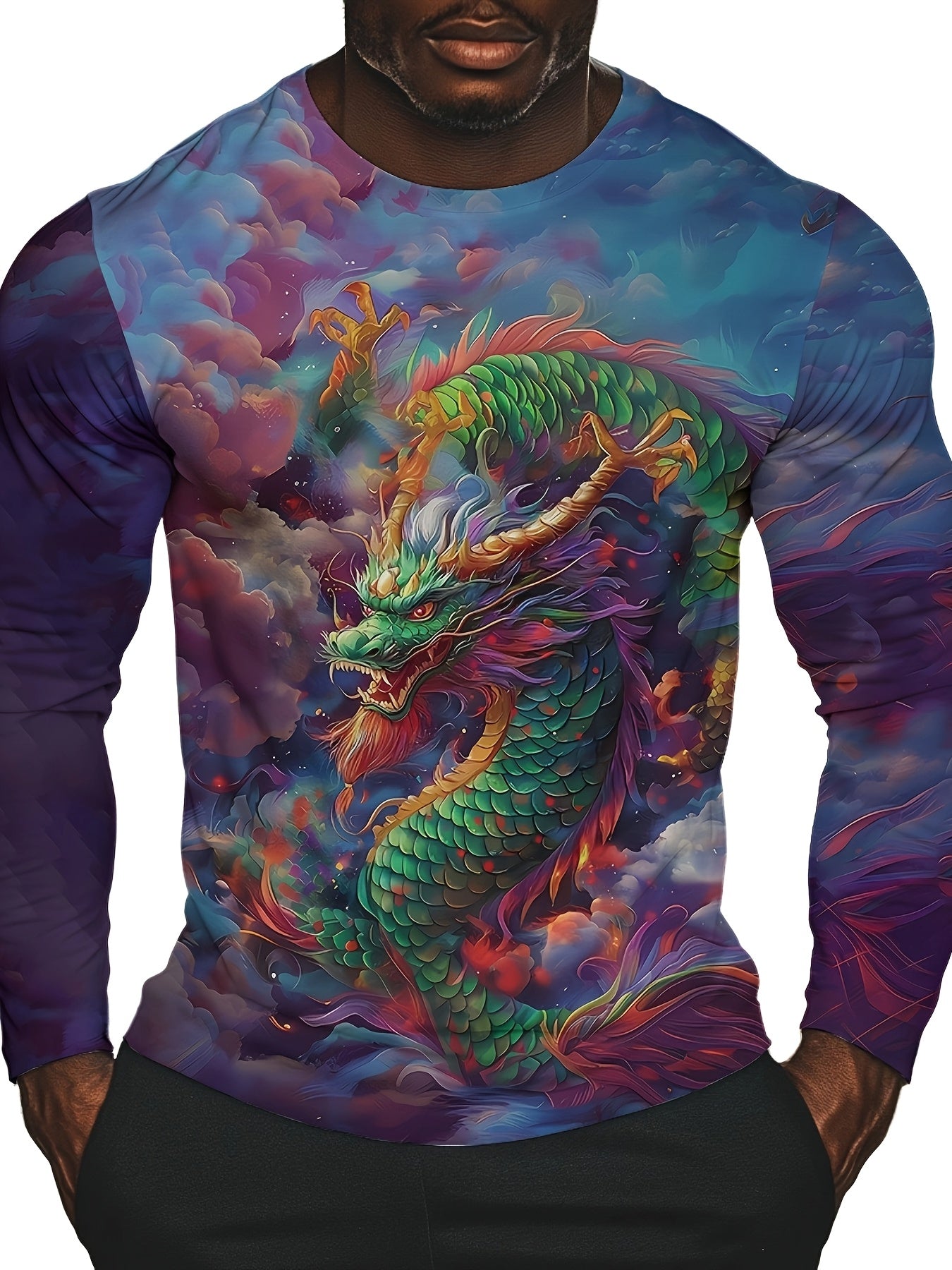 Men'S Long Sleeve Crew Neck T-Shirt, Casual Polyester Knit Fabric with Slight Stretch, All Over 3D Dragon Print, for Spring/Fall