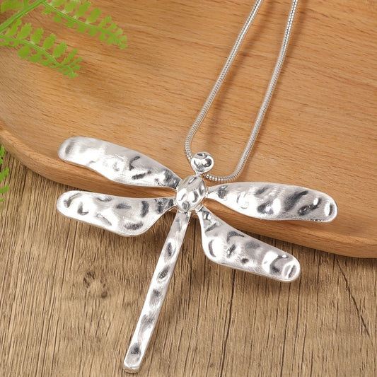 [Silvery Dragonfly Necklace] Silvery Zinc Alloy Long Necklace | Women's Hollow-out Senior Dragonfly Pendant Retro Bohemian Style Casual Daily