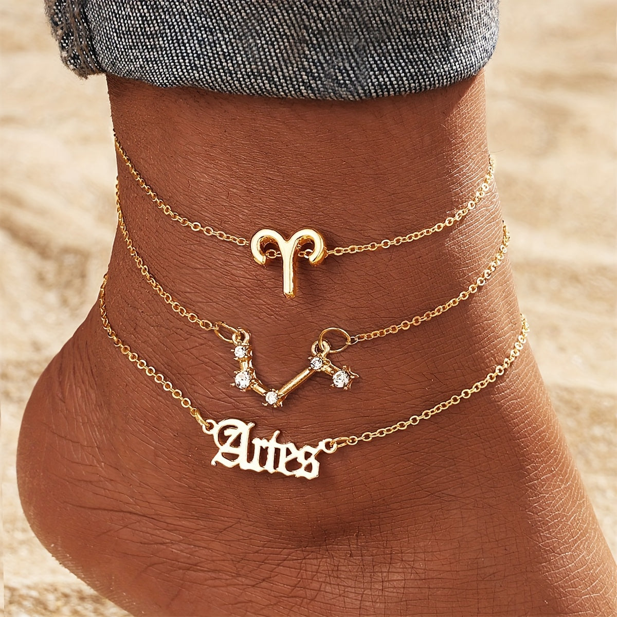 3pcs Set, Women'S Fashion Ankle Bracelets, Zodiac Sign Charm, Alloy with Synthetic Gemstones, Simple Style, All-Season Wear, Jewelry Accessories for Ladies