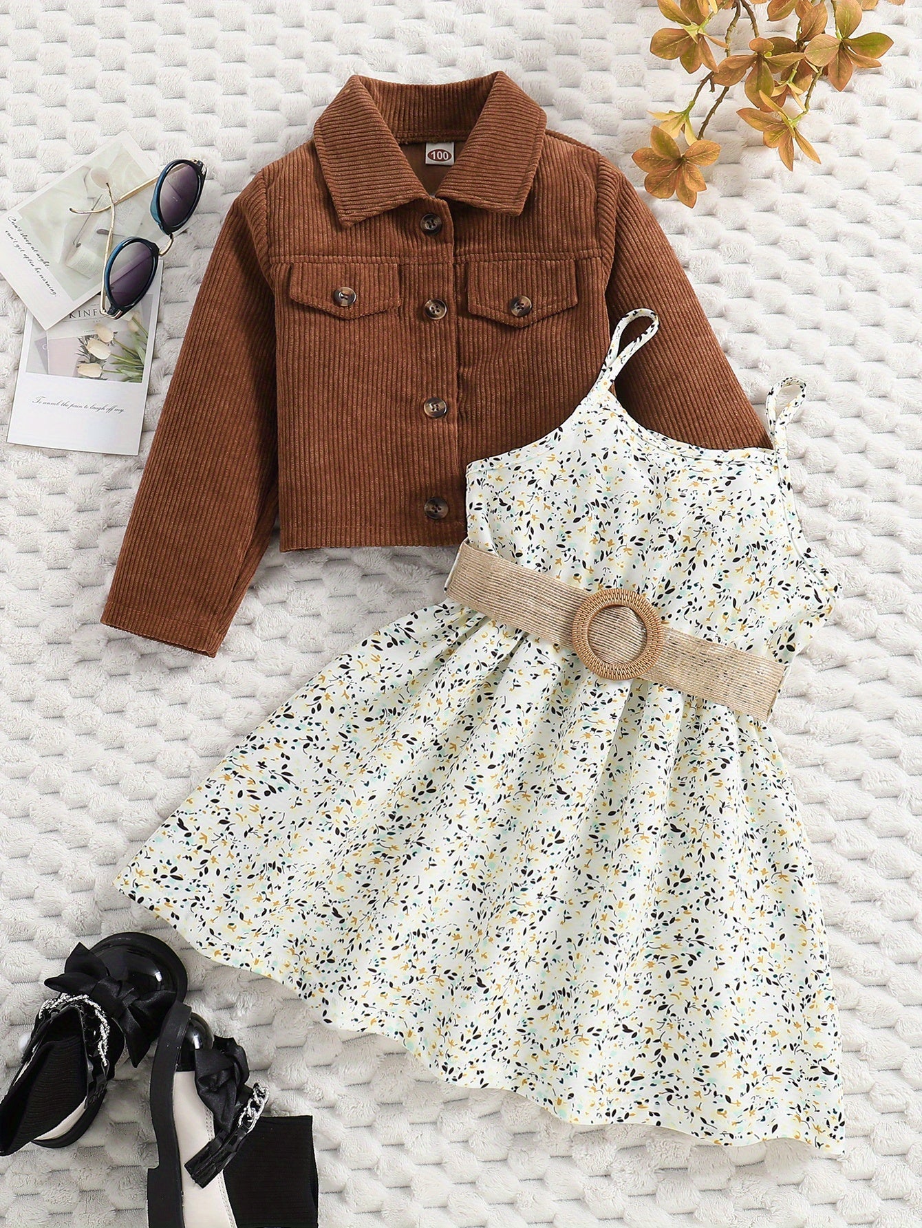 Girl's Casual Outfit 2pcs, Corduroy Jacket & Floral Pattern Dress Set, Kid's Clothes For Spring Autumn Summer