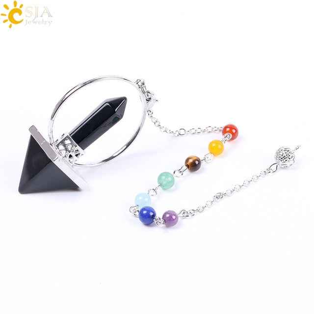 CSJA Reiki Healing 7 Chakra Natural Stone Pendulum for Dowsing Hexagonal Prism Pyramid White Pink Crystal Obsidian Pendants - Pedlar's Attic