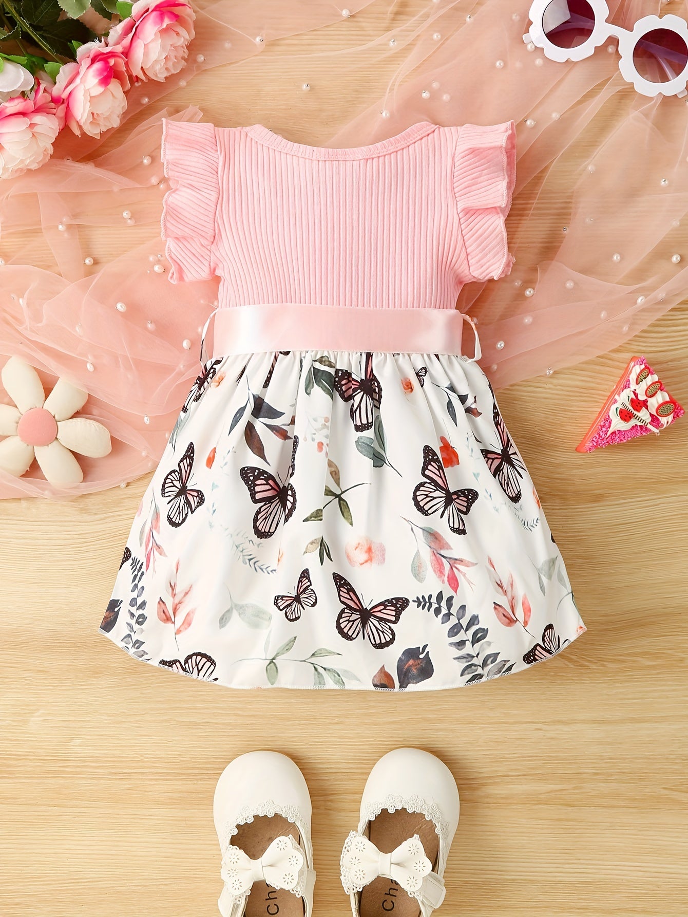 Baby Girls Cute Butterfly Graphic Print Ruffled Sleeve Belted Dress, Kids Summer Comfortable Clothes