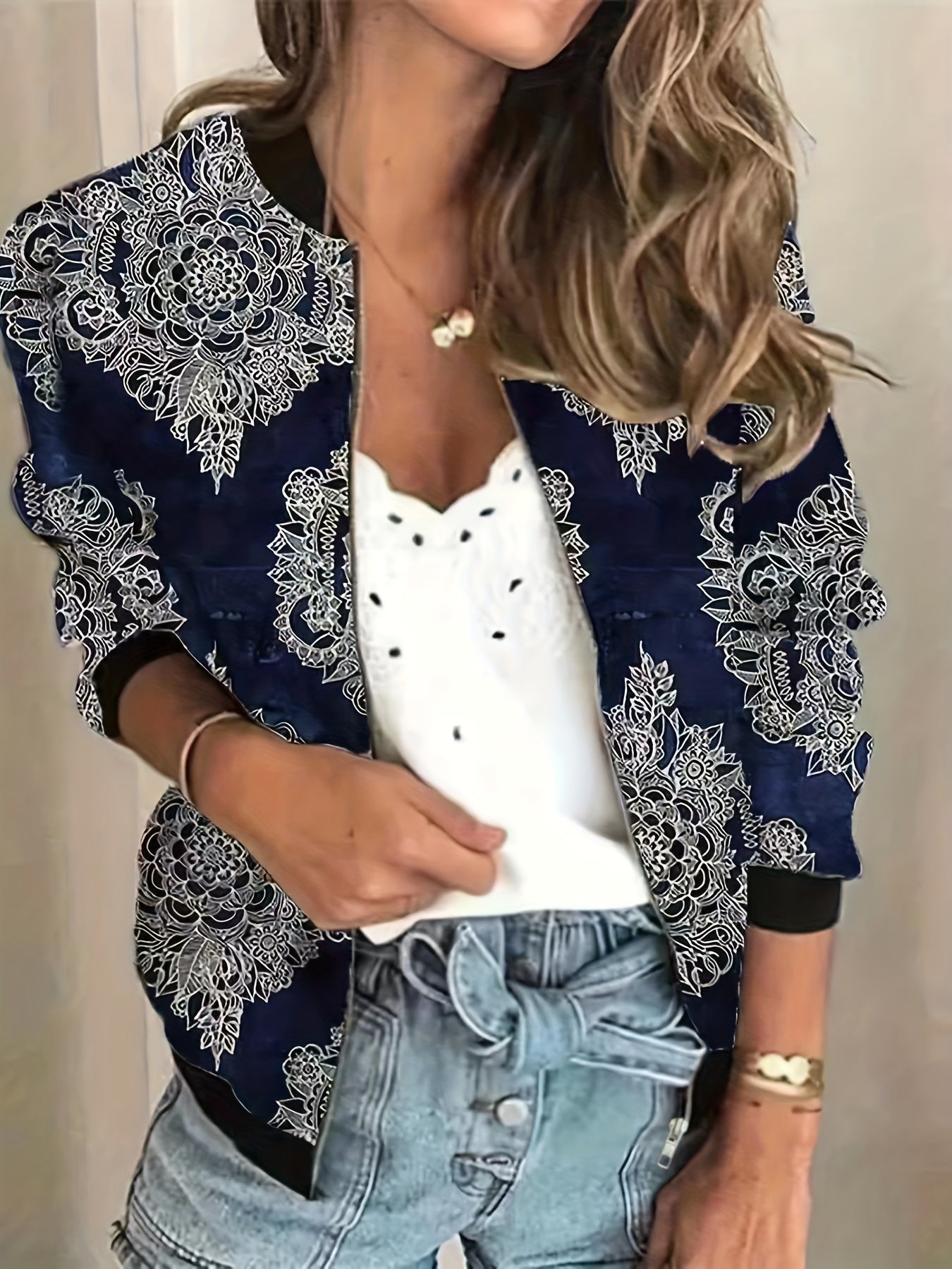Graphic Print Zipper Jacket, Casual Baseball Neck Long Sleeve Outerwear, Women's Clothing