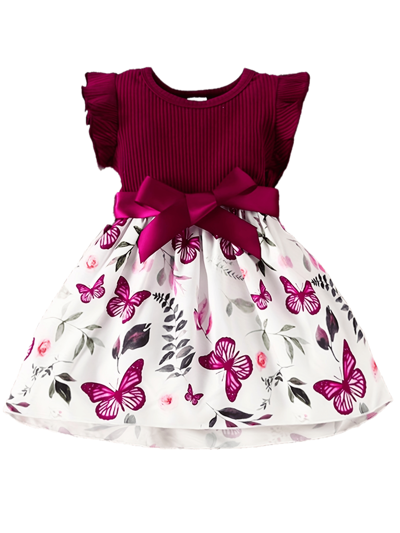 Baby Girls Cute Butterfly Graphic Print Ruffled Sleeve Belted Dress, Kids Summer Comfortable Clothes
