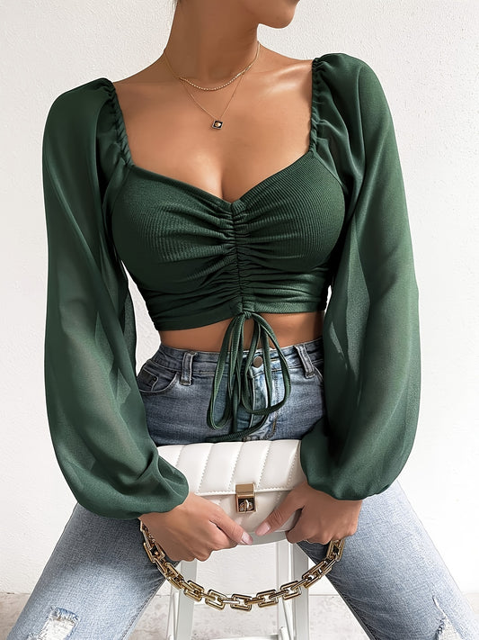 Drawstring Sweetheart Neck Crop Top, Casual Illusion Lantern Sleeve Top For Spring & Fall, Women's Clothing
