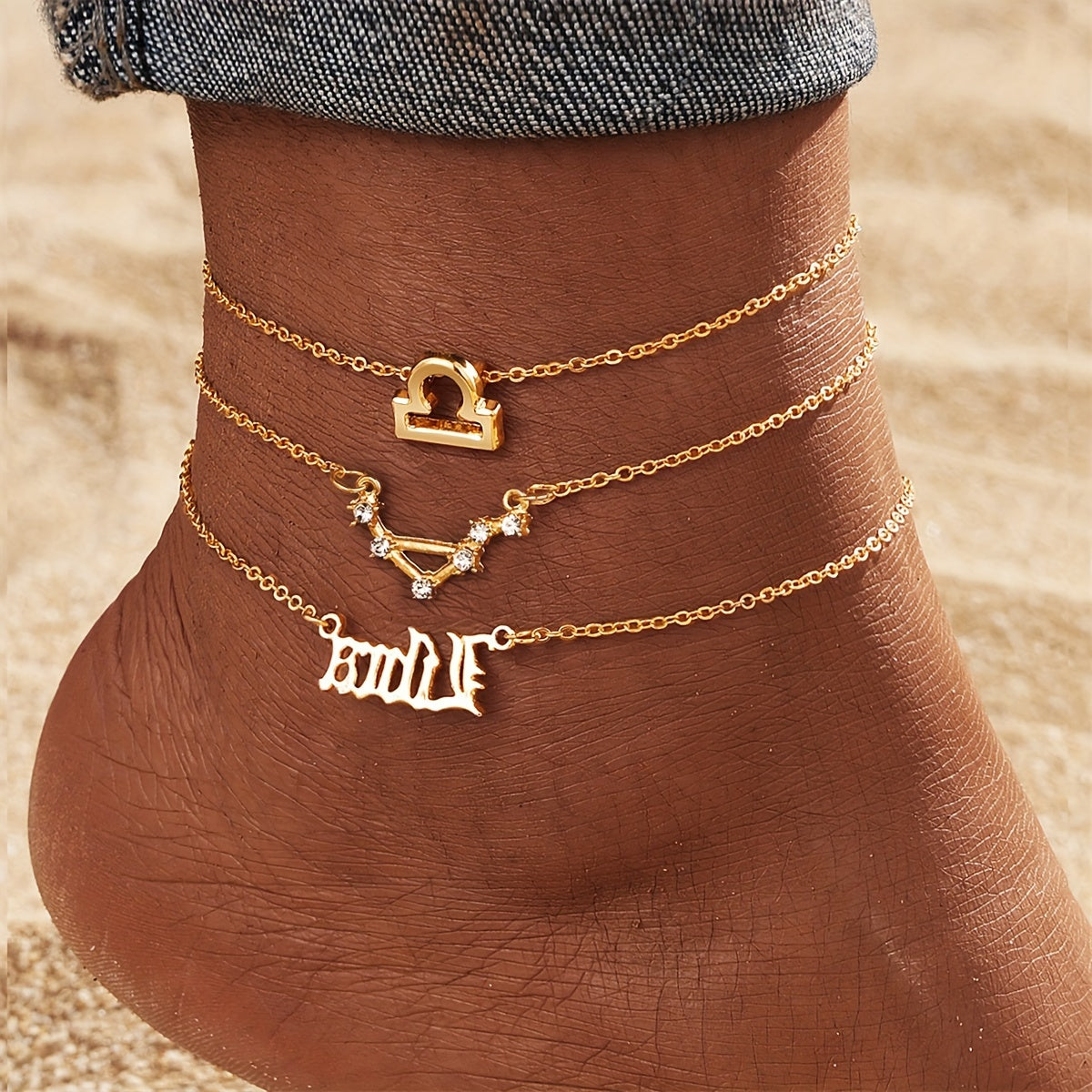 3pcs Set, Women'S Fashion Ankle Bracelets, Zodiac Sign Charm, Alloy with Synthetic Gemstones, Simple Style, All-Season Wear, Jewelry Accessories for Ladies