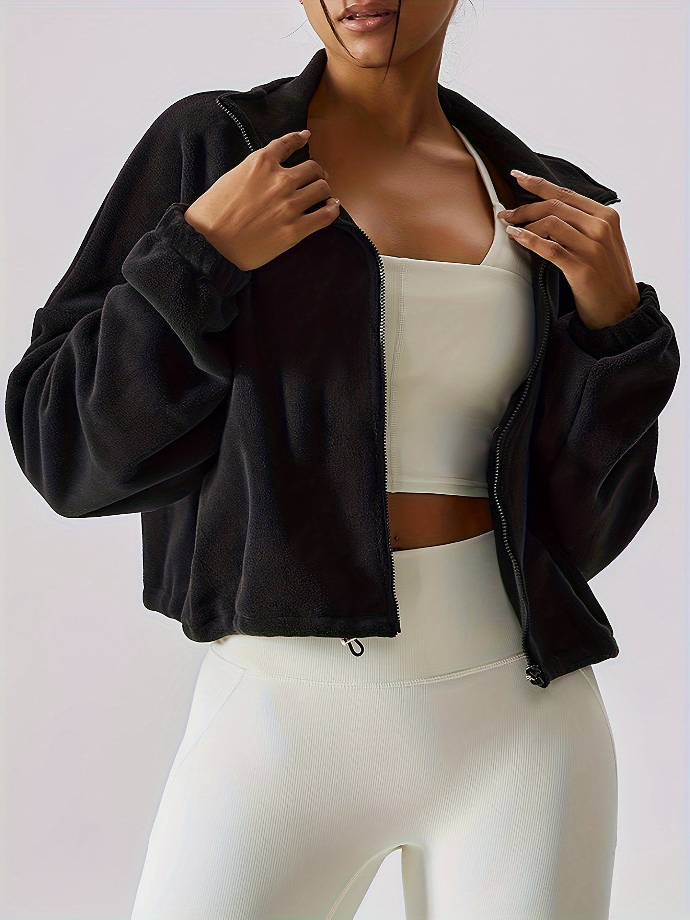 Chic Zip-Up Fleece Crop Jacket for Women - Stretch Comfort, Warm High Neck, Long Sleeve, Perfect for Sporty Outdoor Fall/Winter Activities