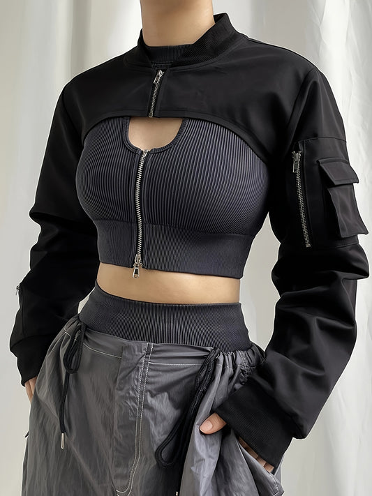 Women's Casual Bomber Jacket with Pockets - Versatile Spring/Fall Wear, Zip-Up Long Sleeve, Machine-Washable Polyester Blend