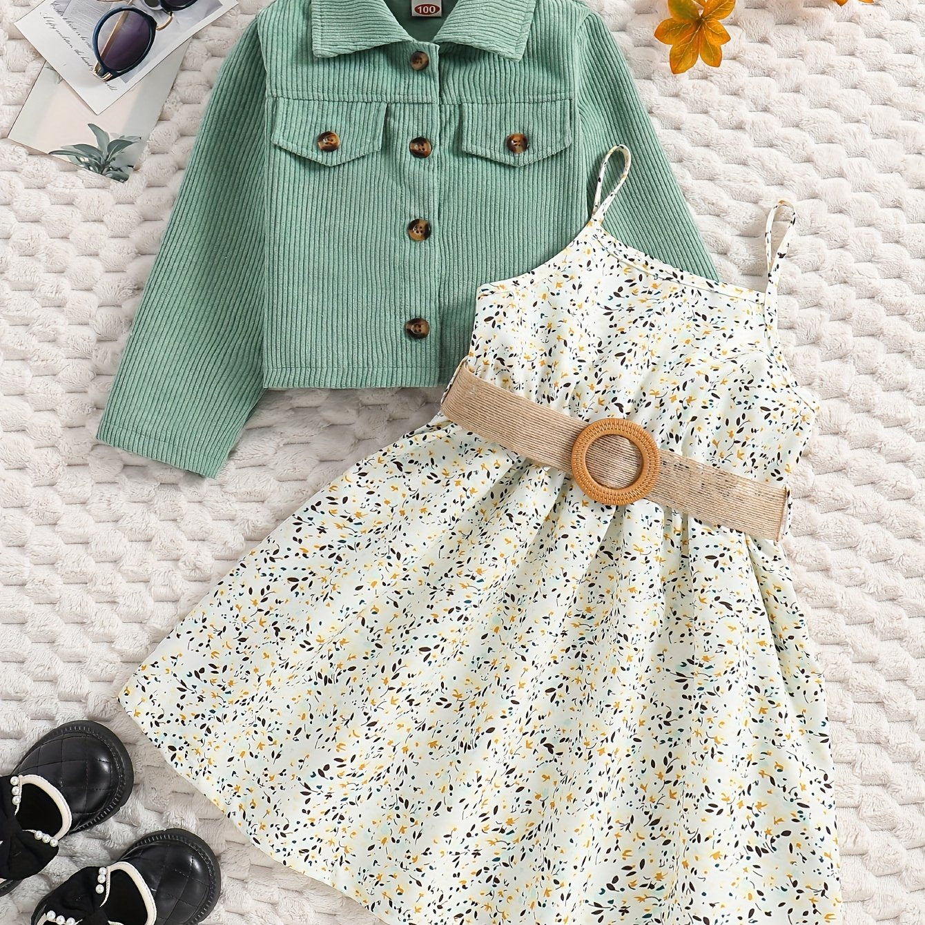 Girl's Casual Outfit 2pcs, Corduroy Jacket & Floral Pattern Dress Set, Kid's Clothes For Spring Autumn Summer