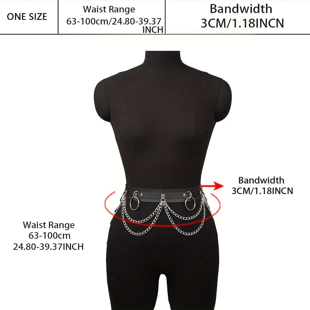 1pc Black PU Leather Chain Ring Decor Gothic Restraints Waist Belt, Punk Adjustable Nightclub Accessories Belt, Sexy Lingerie & Erotic Accessories