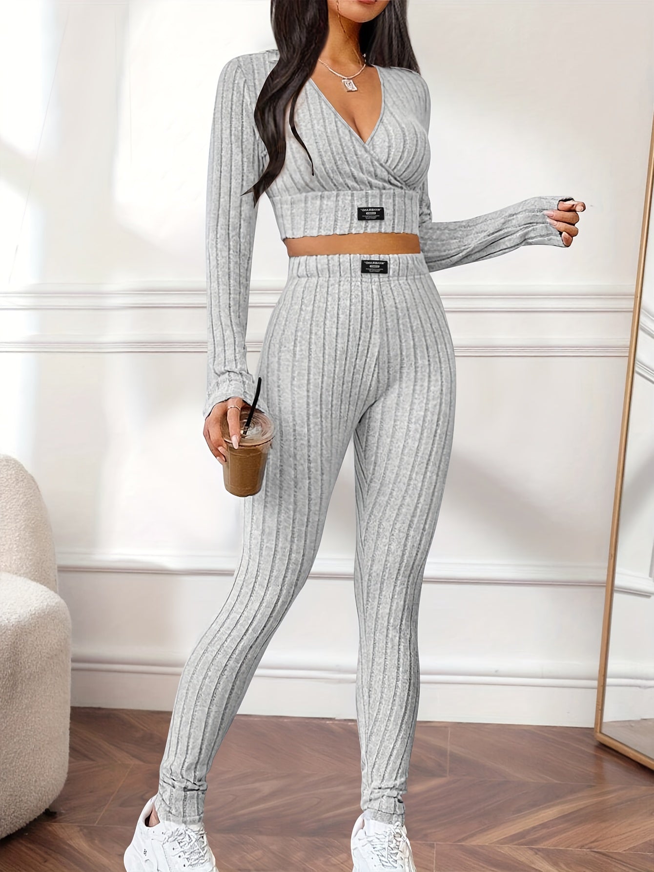 Flattering Ribbed Two-piece Outfit Set - V-Neck Long Sleeve Crop Top & Pants - Casual Chic Style for Women