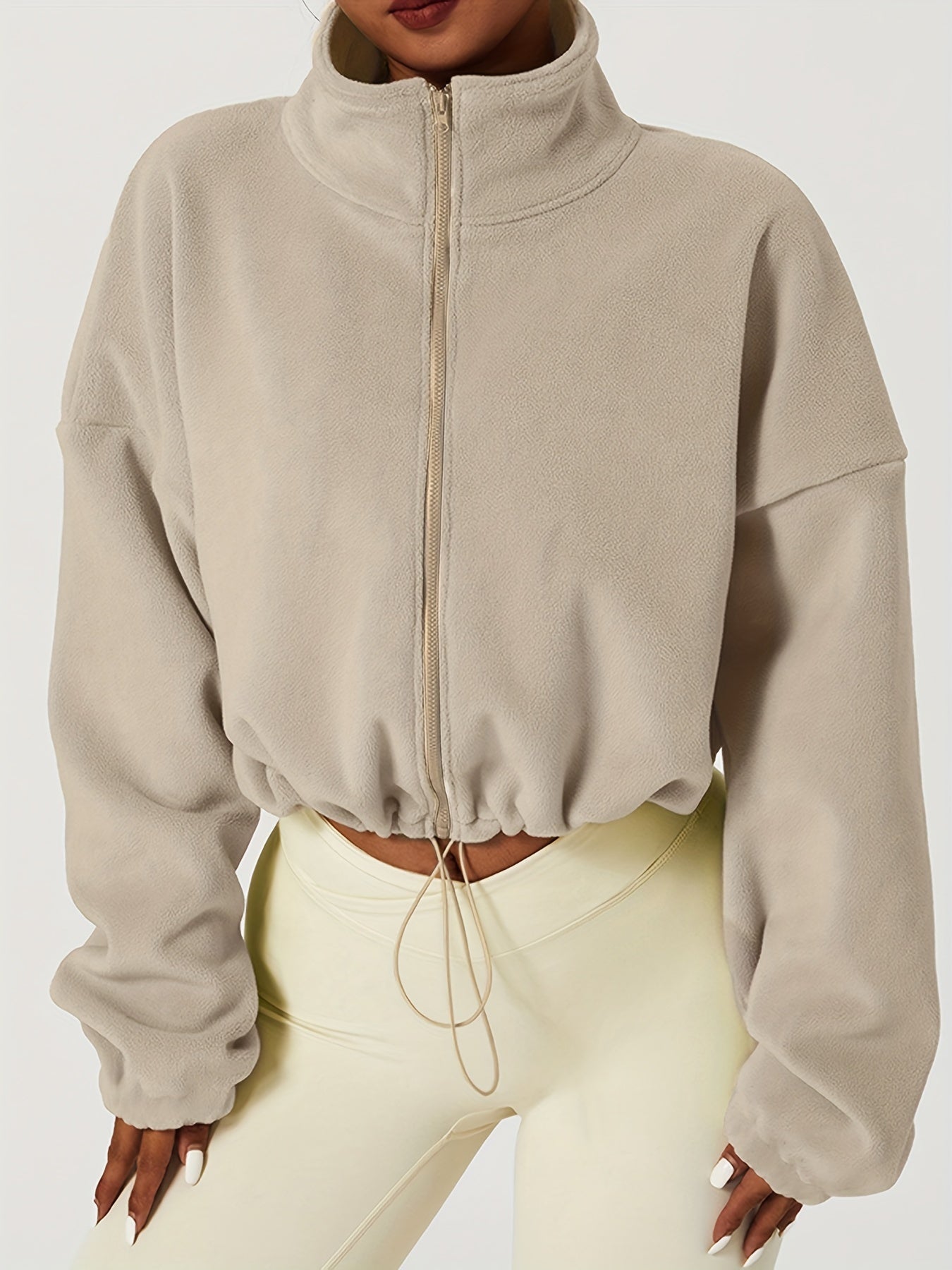 Chic Zip-Up Fleece Crop Jacket for Women - Stretch Comfort, Warm High Neck, Long Sleeve, Perfect for Sporty Outdoor Fall/Winter Activities