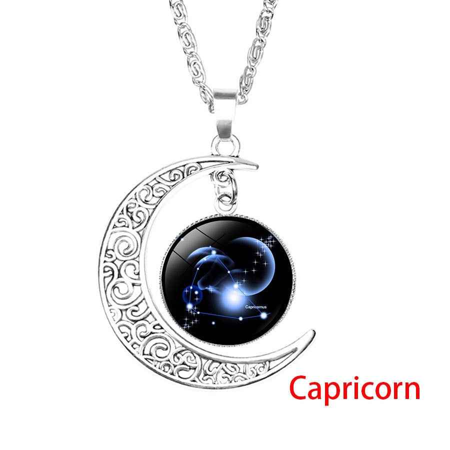 12 Zodiac Sign Pendant Necklace Glass Cabochon Double Galaxy Constellation Horoscope Astrology Necklace For Women Men Jewelry - Pedlar's Attic