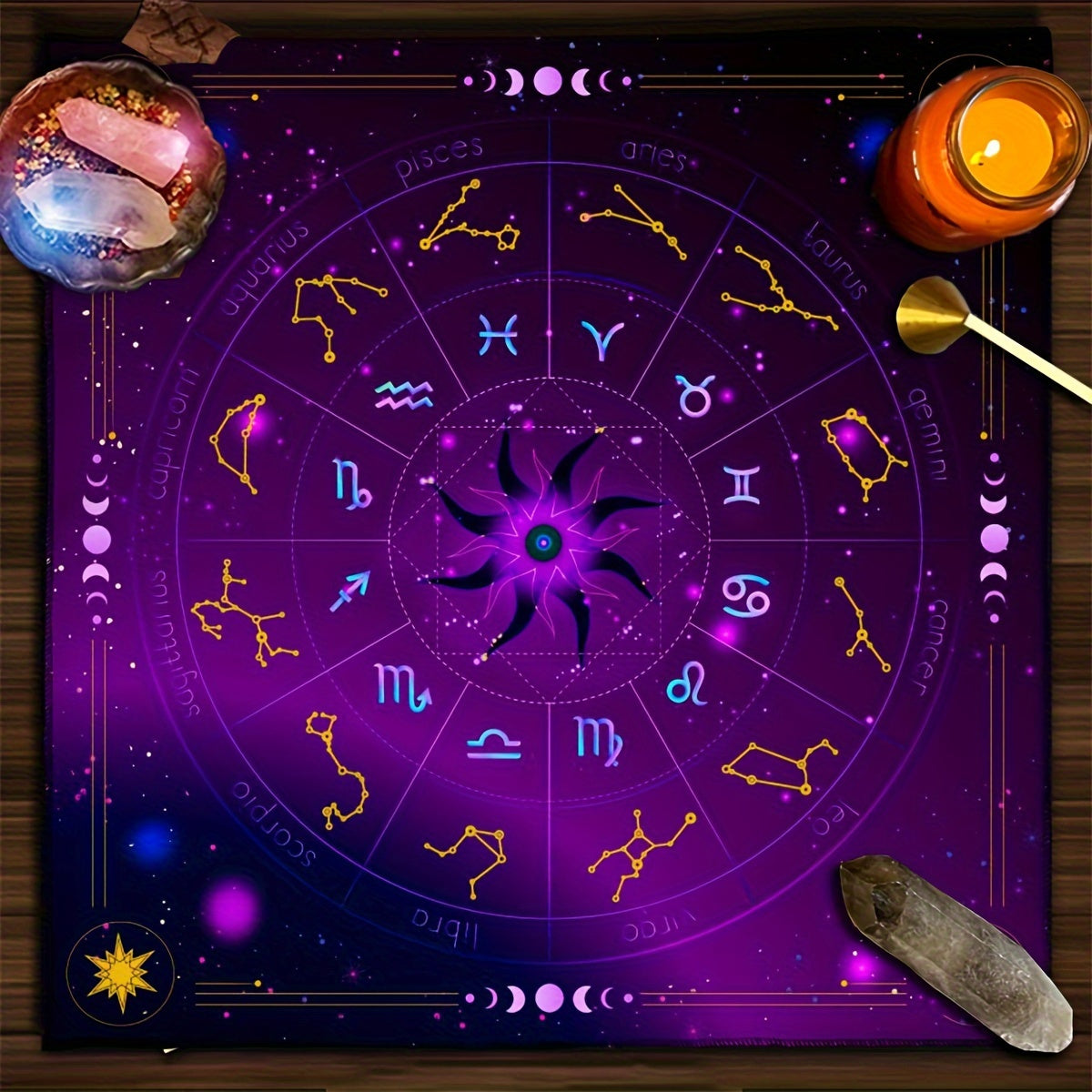 1pc, Twelve Constellations Tarot Astrology Cloth, Sun, Starlight, Altar Cloth, Witch Home Decoration Background Cloth.Gathering Board Game Card Pad