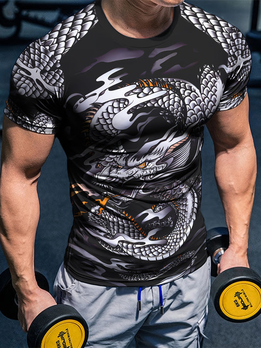 Men's Dragon Fit T-Shirt - Breathable Compression Shirt for Running, Shaping, Cycling - Comfy Muscle Tee with Athletic Print for Active Men
