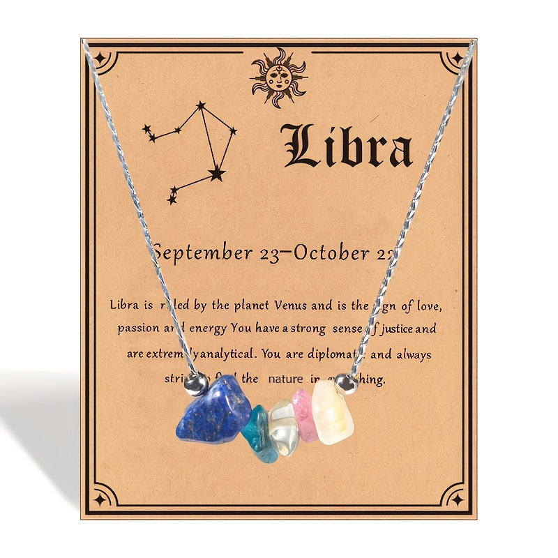 1pc Zodiac Gemstone Necklace with Astrological Card - Perfect Holiday Gift for Gemini, Aries, Leo - Star Sign Stones Pendant with Personality Traits Overview