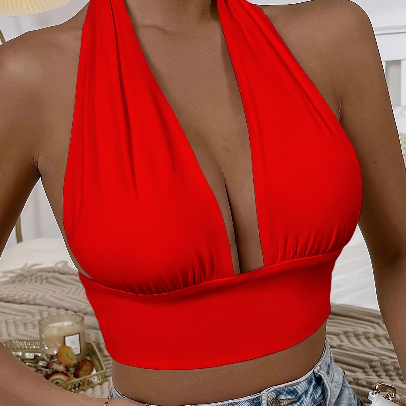 1pc Elegant Orange Halter Neck Backless Crop Top - High Stretch, Deep V-Neckline, Sleeveless Tank for Women, Perfect for Casual or Stylish Outfits, Casual Chic Top | Backless Dress | Stretchy Fabric