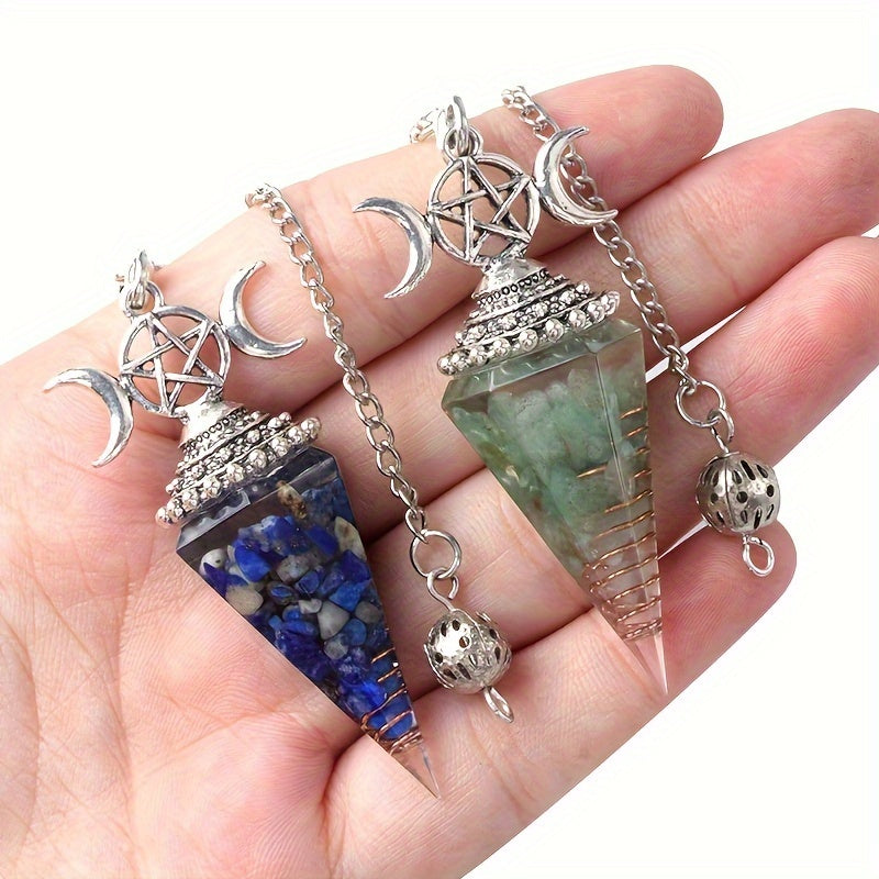 1PC Seven Chakra Gravel Resin Artificial Crystal Pendant, Divination Moon Chakra Hexagonal Cone Pendulum